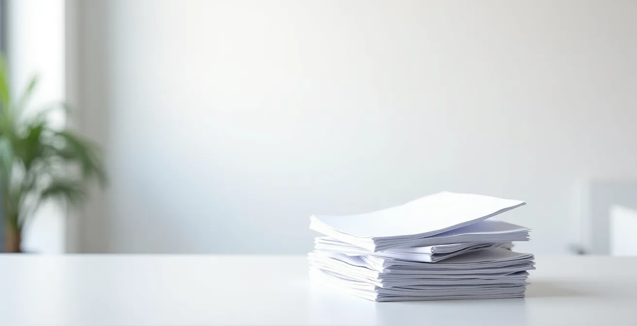 Bureau épuré avec documents énergétiques organisés en perspective