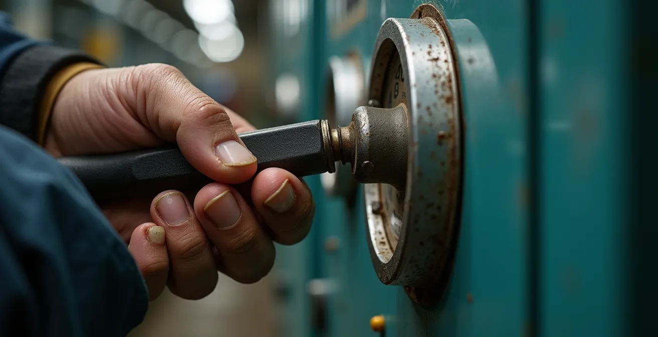 Main d'un technicien ajustant un compteur électrique professionnel