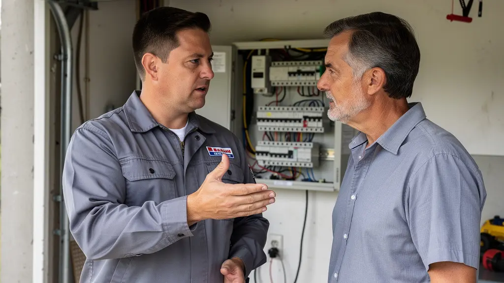 Propriétaire et électricien discutant devant une installation électrique résidentielle au Québec