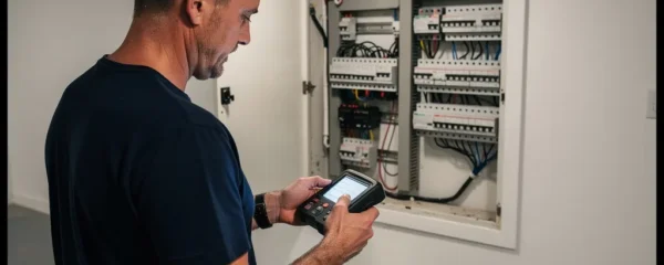 Technicien électricien inspectant un panneau de distribution moderne dans une maison résidentielle québécoise