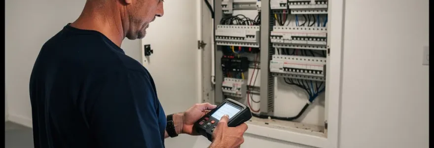 Technicien électricien inspectant un panneau de distribution moderne dans une maison résidentielle québécoise