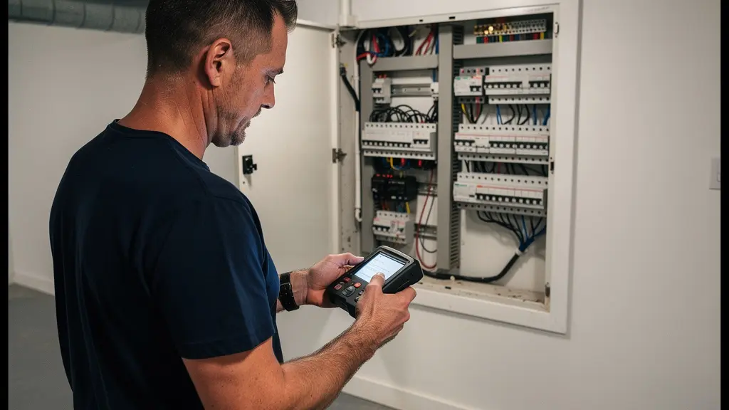 Technicien électricien inspectant un panneau de distribution moderne dans une maison résidentielle québécoise