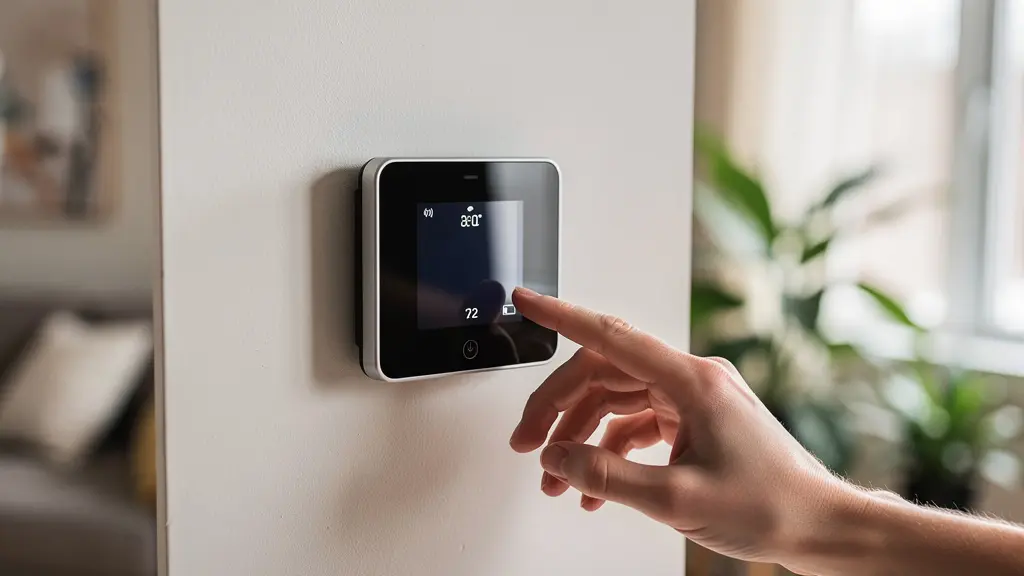 Thermostat intelligent moderne sur mur de salon résidentiel québécois pour optimisation électrique