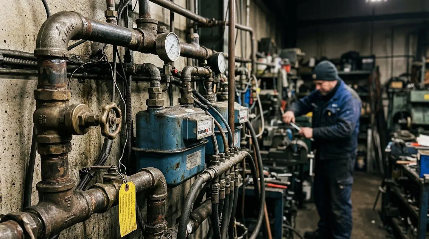 Vue partielle d'une installation industrielle avec tuyauterie et compteurs gaz, un technicien de maintenance visible en arrière-plan dans une ambiance d'atelier