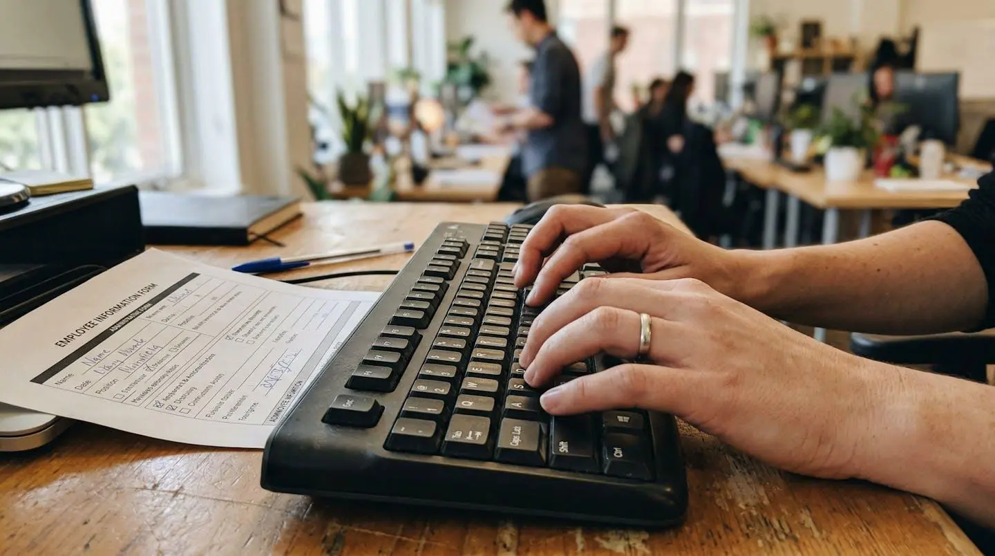 Des mains tapent sur un clavier d'ordinateur avec un formulaire administratif papier posé à côté, dans un environnement de bureau classique