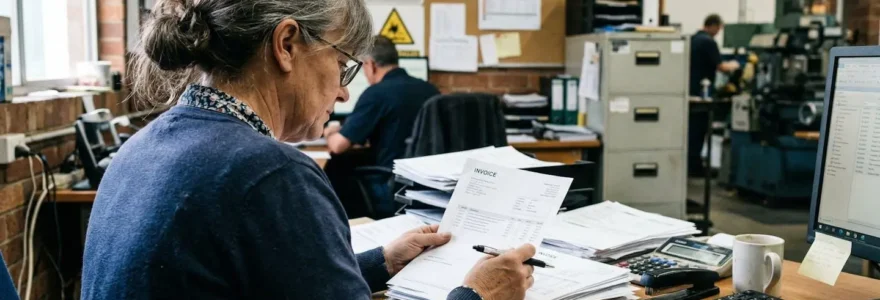 Une responsable administrative examine des factures de gaz sur son bureau dans un environnement de PME industrielle avec des affiches de sécurité en arrière-plan