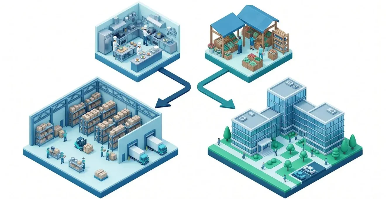 Représentation visuelle d'une arborescence décisionnelle simplifiée pour le choix d'une offre de gaz professionnel, style illustration 3D isométrique