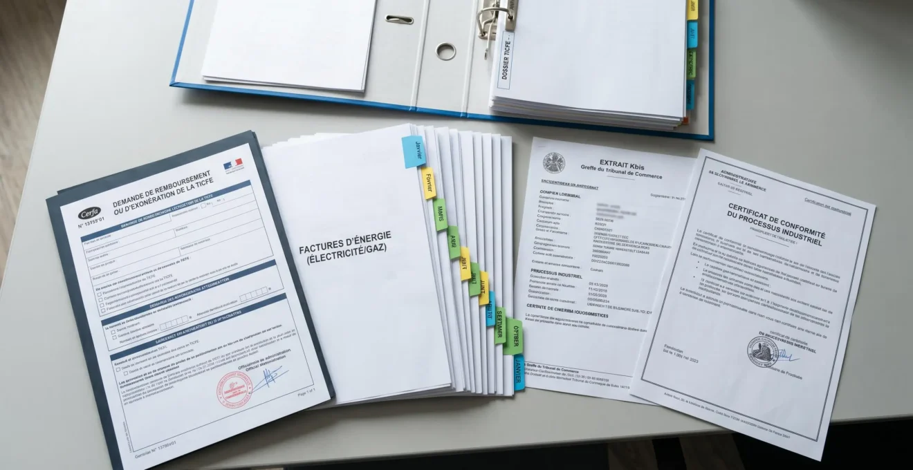 Dossier administratif complet pour demande d'exonération fiscale énergétique avec formulaire Cerfa, factures d'électricité et de gaz, attestation industrielle et extrait Kbis