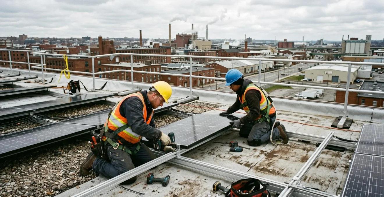 Techniciens installant des panneaux solaires sur le toit d'un bâtiment industriel de PME