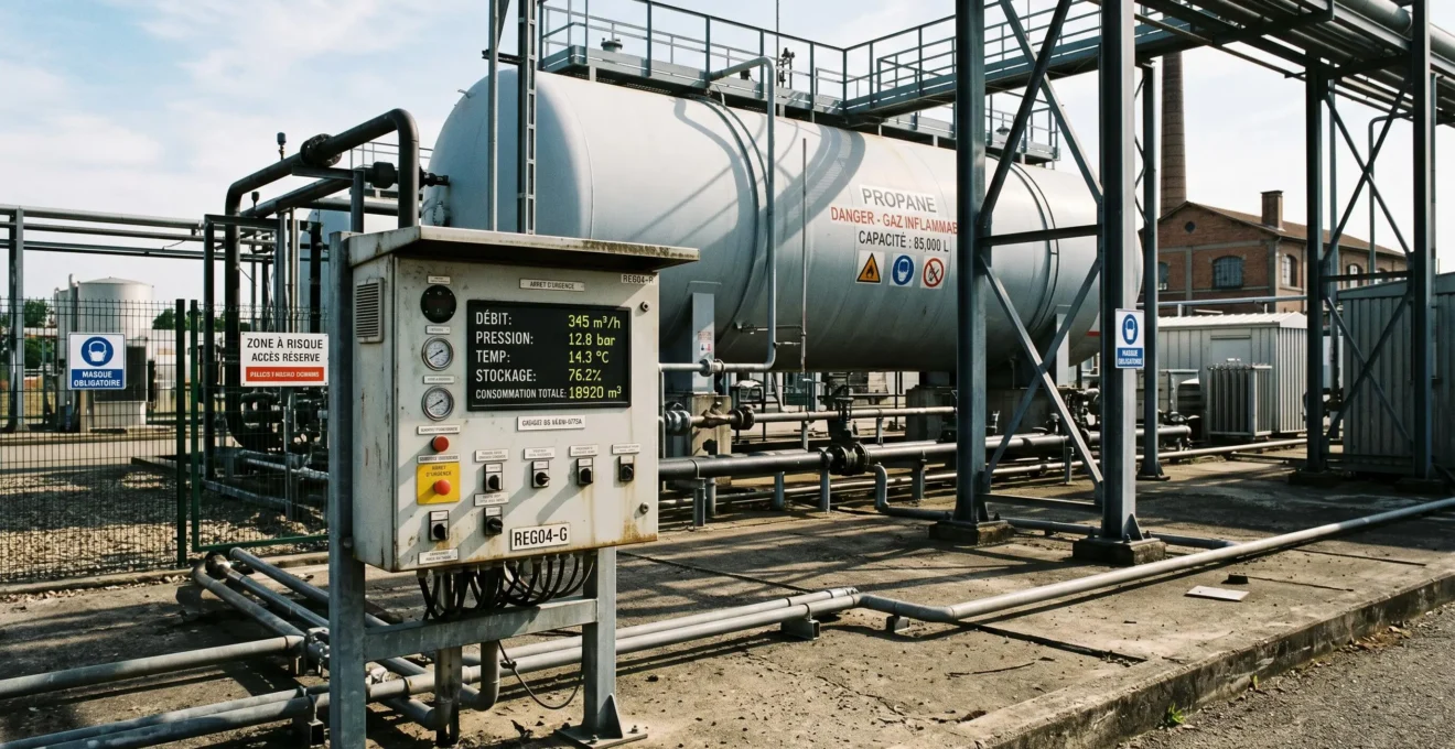 Installation de stockage de gaz naturel industriel avec panneau de contrôle affichant les données de consommation, infrastructure de tuyauterie métallique en arrière-plan