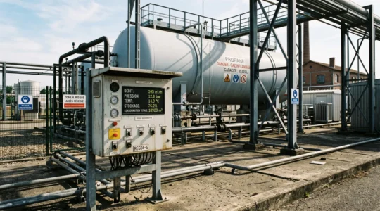 Installation de stockage de gaz naturel industriel avec panneau de contrôle affichant les données de consommation, infrastructure de tuyauterie métallique en arrière-plan