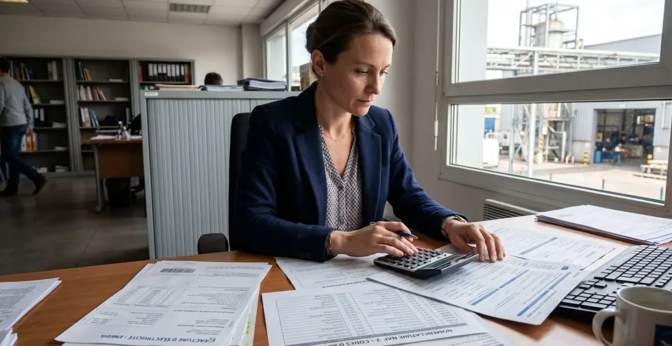 Responsable administratif d'une PME industrielle analysant des factures d'énergie et une nomenclature de codes NAF pour vérifier l'éligibilité aux exonérations fiscales