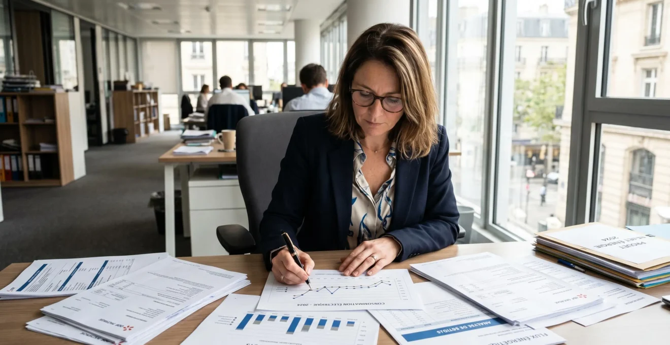 Responsable de PME qui examine sa facture d'électricité à son bureau, expression concentrée