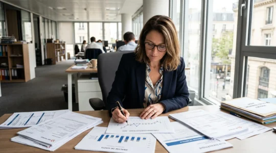 Responsable de PME qui examine sa facture d'électricité à son bureau, expression concentrée