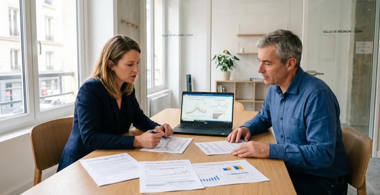 Réunion de conseil entre courtier en énergie et dirigeant d'entreprise avec documents de stratégie d'achat électricité