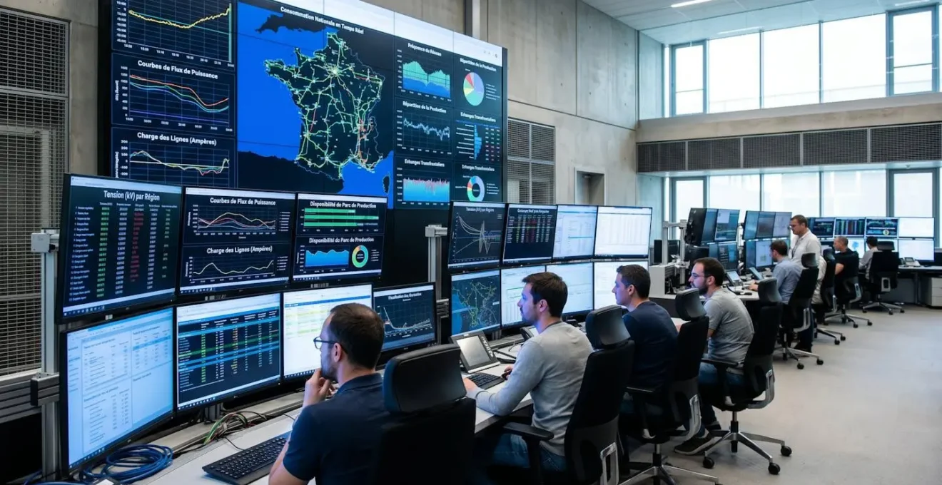 Salle de contrôle du réseau électrique français avec écrans affichant courbes de charge en temps réel et données de flux d'énergie