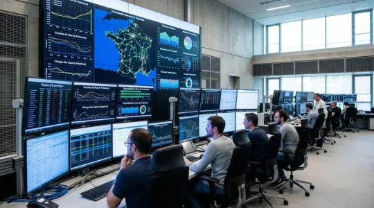 Salle de contrôle du réseau électrique français avec écrans affichant courbes de charge en temps réel et données de flux d'énergie