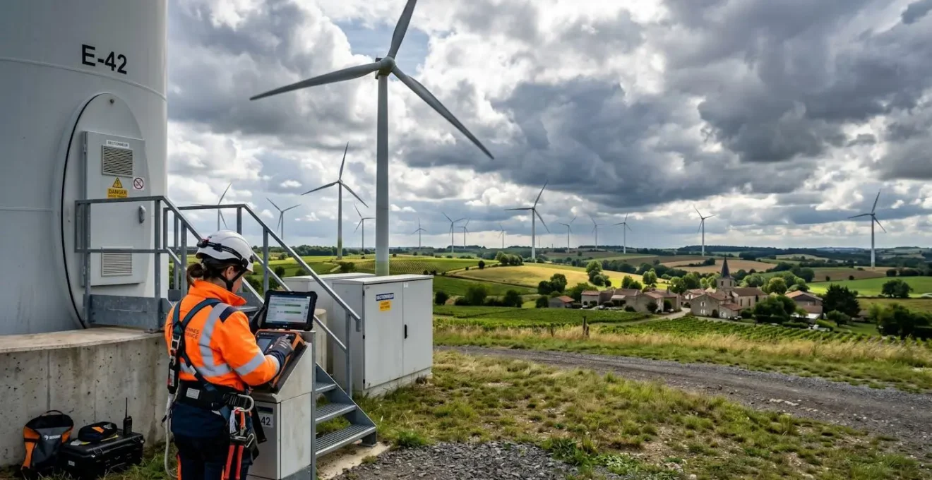 Technicien effectuant une intervention de maintenance sur un parc éolien français sous conditions météorologiques changeantes