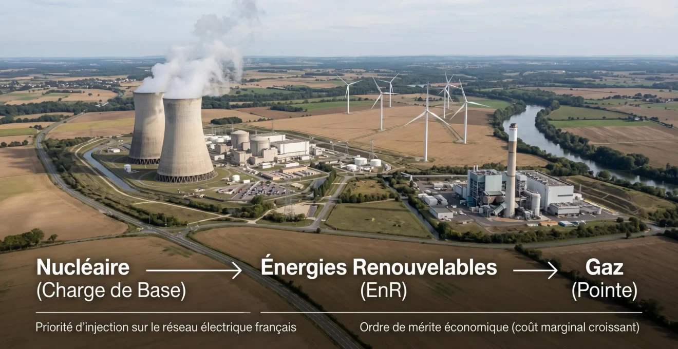 Vue aérienne d'installations de production électrique en France avec schéma de merit order montrant l'empilement nucléaire, EnR et gaz