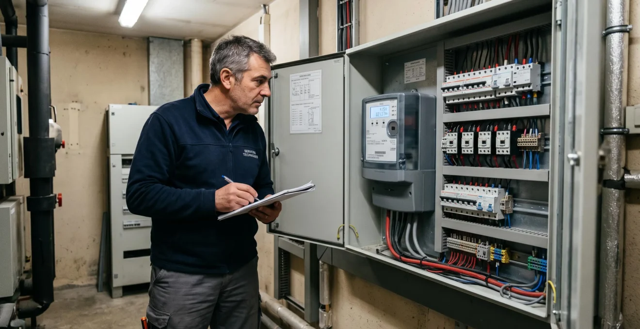 Responsable vérifiant un compteur électrique triphasé professionnel dans un local technique d'entreprise