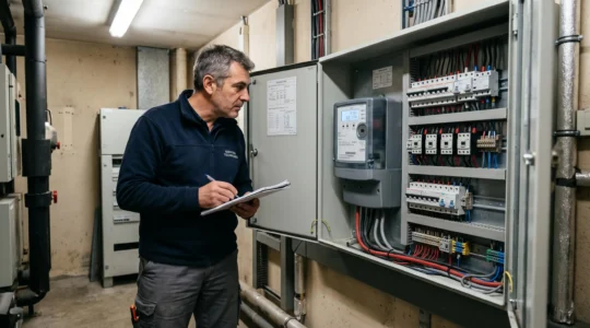 Responsable vérifiant un compteur électrique triphasé professionnel dans un local technique d'entreprise
