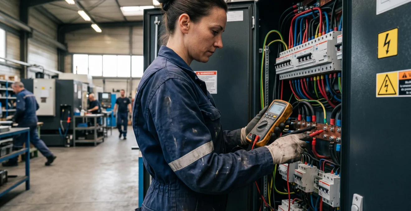 Électricien inspectant un tableau électrique industriel avec un multimètre dans un atelier