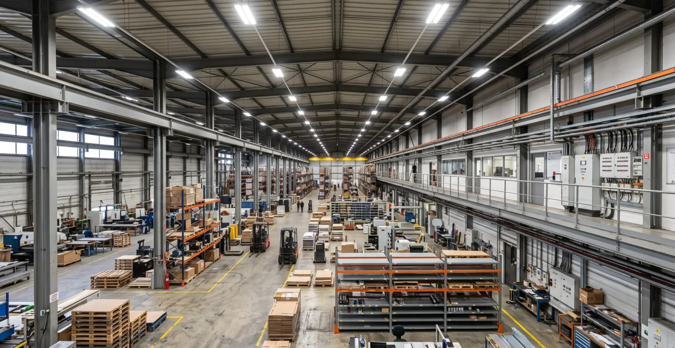 Vue d'ensemble d'un entrepôt professionnel équipé d'éclairage industriel et d'équipements électriques