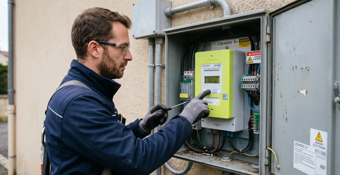 Technicien configurant un compteur Linky professionnel dans un coffret de comptage d'entreprise