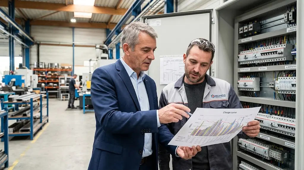 Un dirigeant et un responsable de production analysent ensemble une courbe de charge imprimée devant un tableau électrique d'usine.