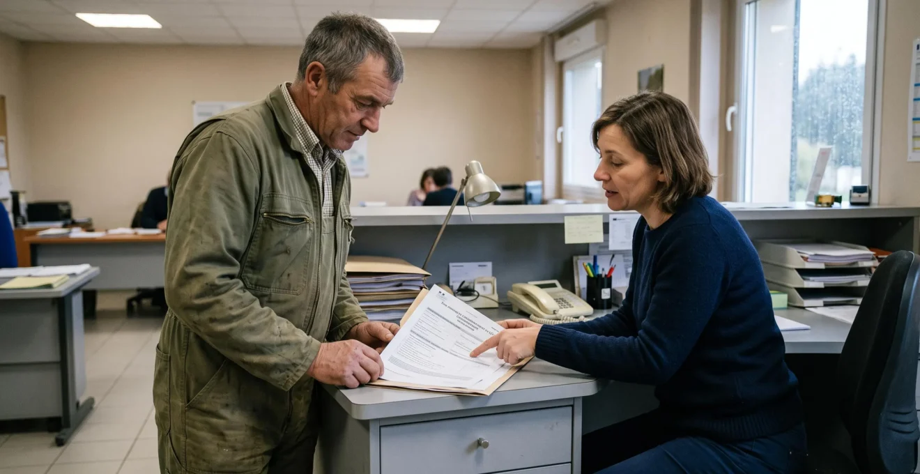 Un agriculteur examine des documents avec une conseillère dans un bureau administratif rural.