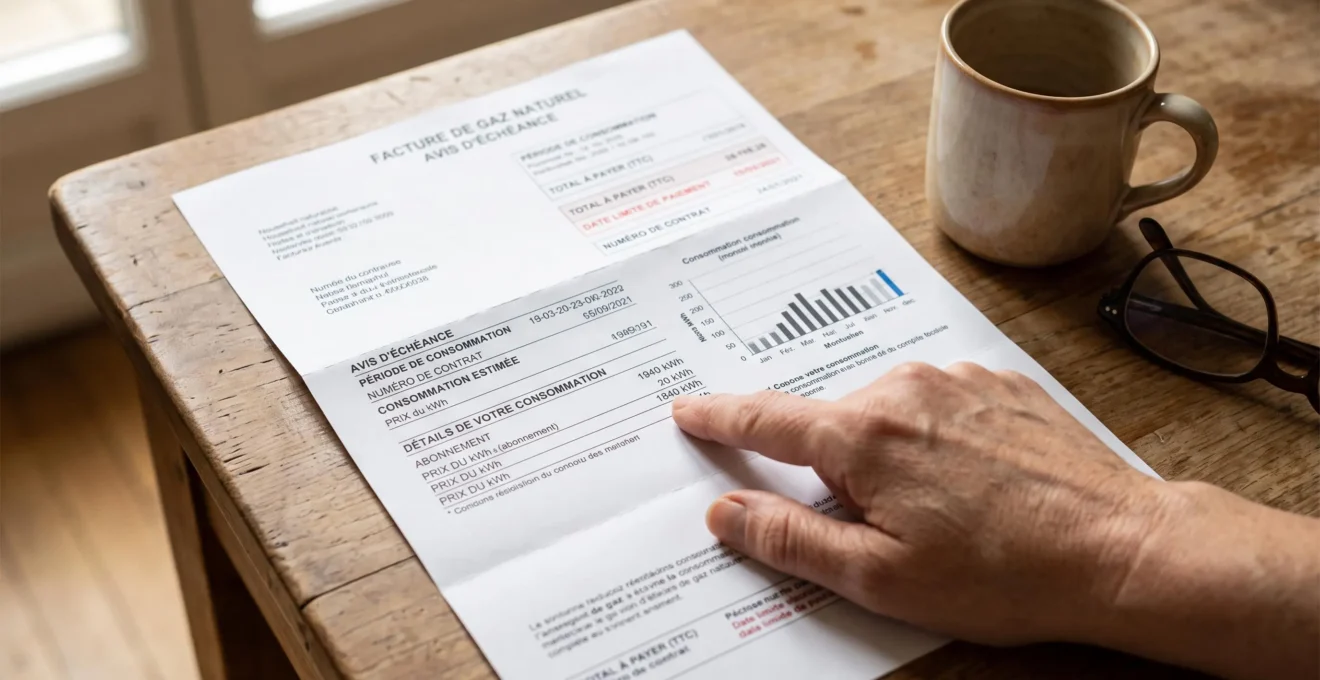 Une main pointe une ligne de taxes sur une facture de gaz posée sur une table de cuisine.