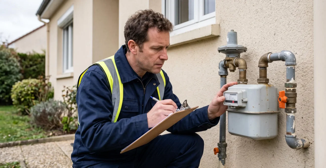 Un technicien relève l'index d'un compteur de gaz naturel installé sur la façade d'une maison.